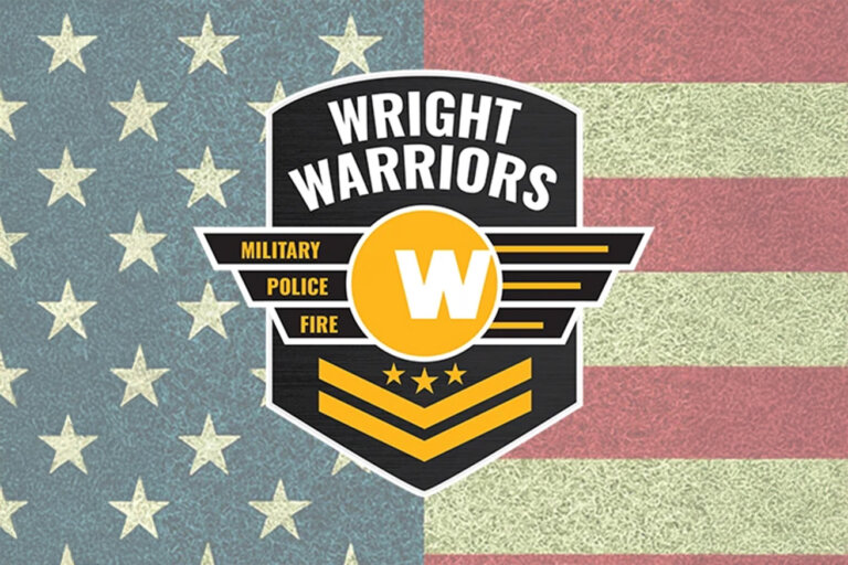 Wright Warriors badge logo with an american flag background