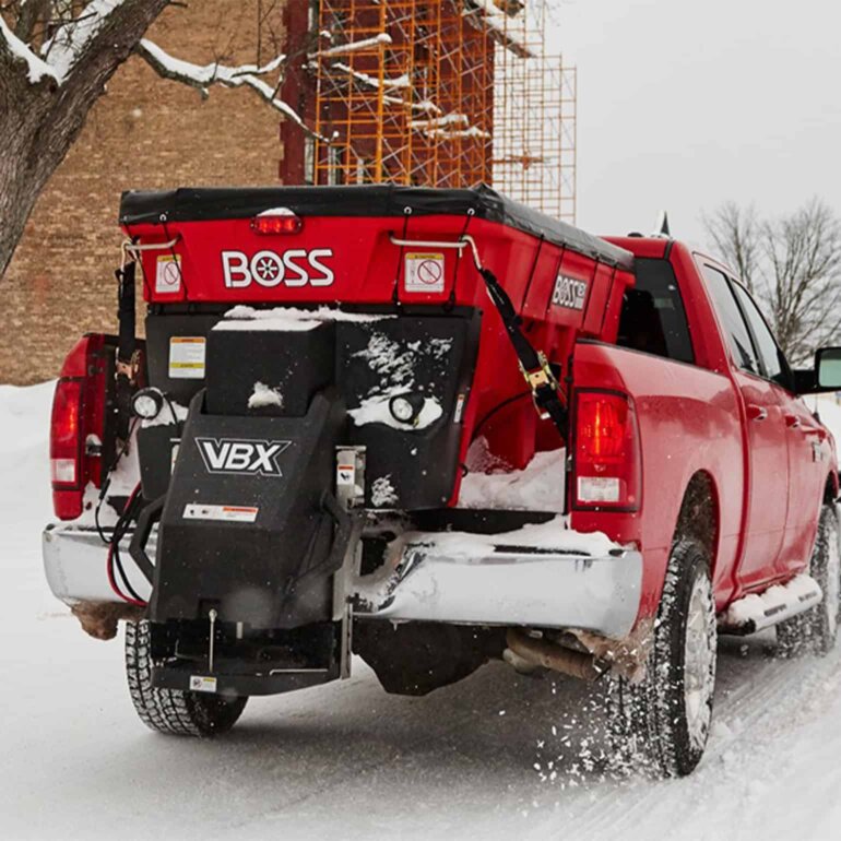 BOSS VBX spreader on back on red truck
