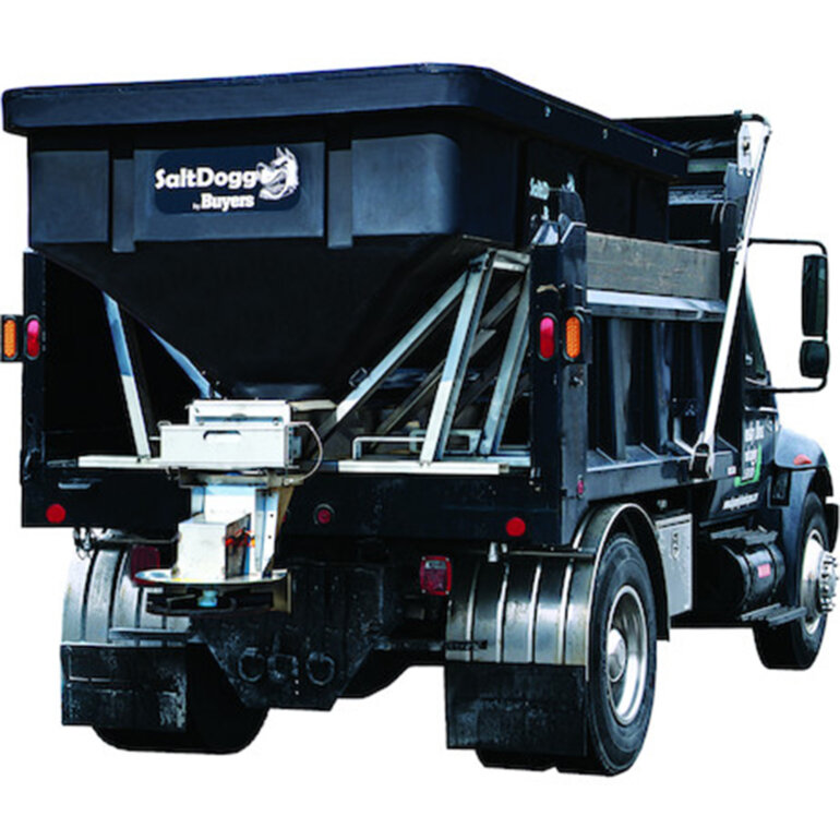 SaltDogg PRO6000 salt spreader on the back of a black heavy duty commercial truck on a white background