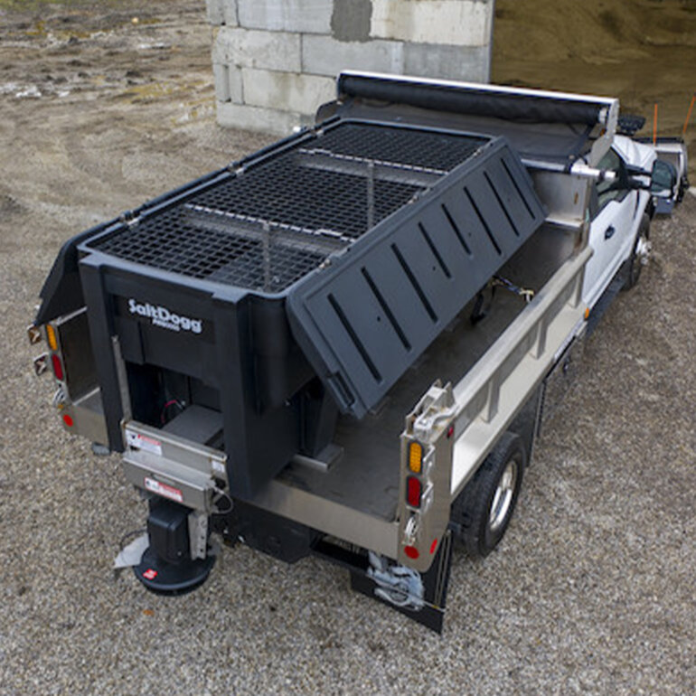 Overhead view of a SaltDogg PRO3000 salt spreader in a truck